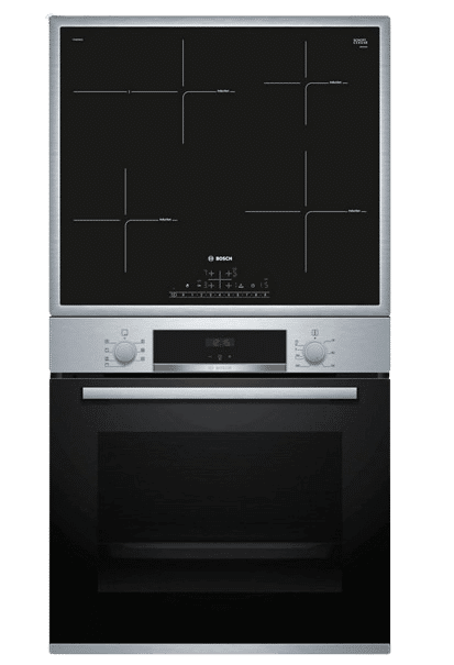 Der BOSCH HBD435RS63 Serie 4 / Serie 6, Einbaubackofenset (Induktionskochfeld, A, 71 l) ist in der Einzelaufnahme zu sehen.