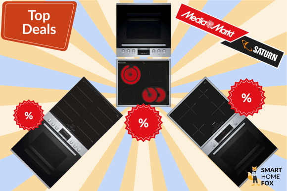 Verschiedene Bosch Herd- und Backofensets mit Induktions- und Glaskeramikkochfeldern, präsentiert mit Rabattkennzeichnungen für ein unschlagbares Angebot.