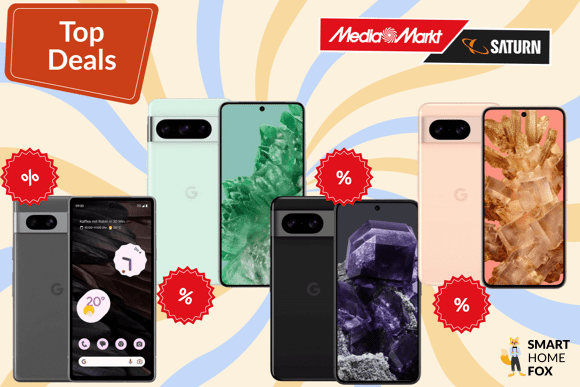 Das Google Pixel 7a, 8a, 8 und 8 Pro ist in unterschiedlichen Farben abgebildet und mit Rabattzeichen gekennzeichnet, welche für ein unglaublich gutes Angebot stehen.