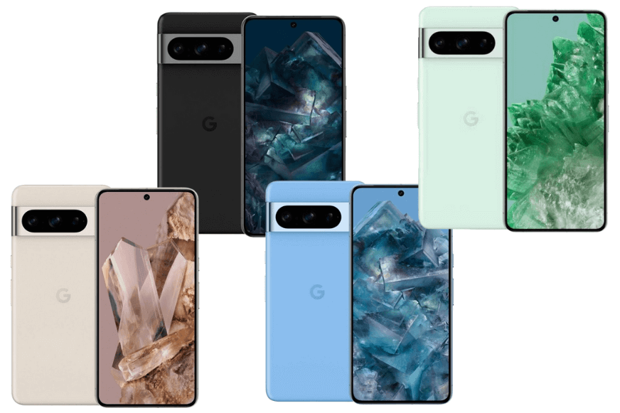Das Google Pixel 8 Pro Smartphone ist in den Farben Obsidian, Porzellan und Himmel-Blau und Mint im Top-Angebot zu sehen.