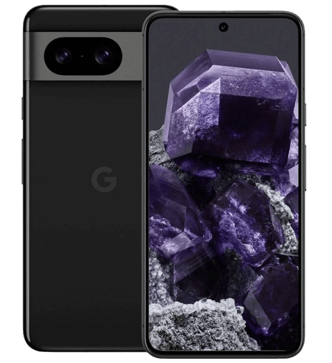 Das Google Pixel 8 in der Farbe Obsidian / Schwarz ist ind er Einzelaufnahme zu sehen.