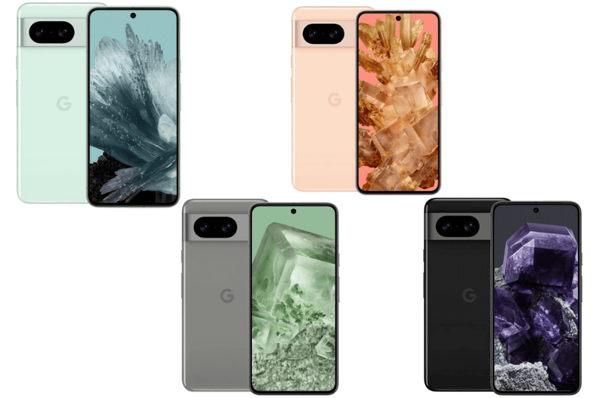 Das Google Pixel 8 ist in unterschiedlichen Farben abgebildet und mit Rabattzeichen gekennzeichnet, welche für ein unglaublich gutes Angebot stehen.