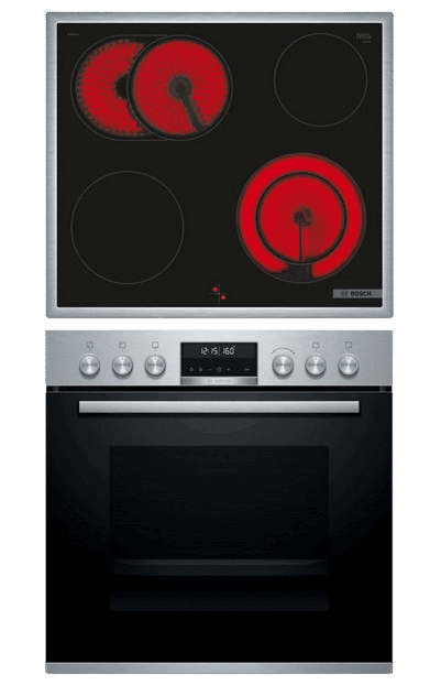 BOSCH HBD 435 RS 62 (HBA533BS1+PIF64RBB5E), Einbaubackofenset (Induktion, A, 71 l) ist einzeln vor einem weißen Hintergrund zu sehen.