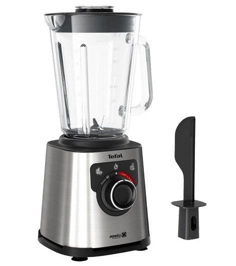 Der Tefal TEFAL BL871D PerfectMix+ Standmixer Edelstahl (1200 Watt, 2 l) ist einzeln mit Zubehör zu sehen.