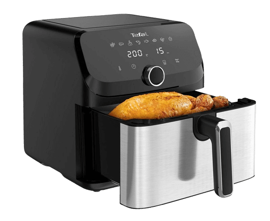 Die TEFAL EY855D Easy Fry Mega Heißluftfritteuse 2000 Watt Schwarz/Edelstahl steht bei den Tefal MediaMarkt Angeboten vor einem weißen Hintergrund.