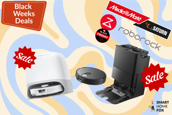 Die Roborock Qrevo Curv und Qrevo Slim Saug- und Wischroboter, präsentiert mit attraktiven Rabattkennzeichnungen für den MediaMarkt Black Friday.