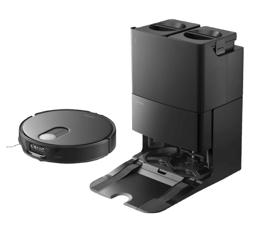 Der Roborock Qrevo Slim Saugroboter samt Absaugstation ist einzeln zu sehen in schwarz.