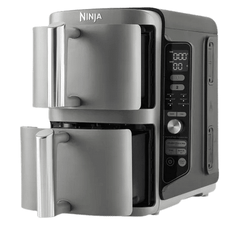 Die Shark Ninja Double Stack XL 2-Ebenen Heißluftfritteuse 9,5 L SL400EU ist in Schwarz und Grau einzeln zu sehen.