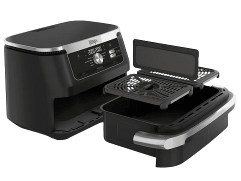 Die Shark Ninja Foodi FlexDrawer 10,4 L Heißluftfritteuse AF500EU ist in Schwarz und Grau einzeln zu sehen.