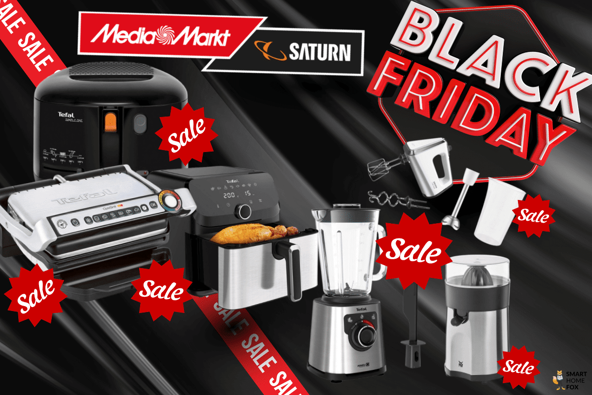 Verschiedene Küchen & Haushaltsprodukte wie Heißluftfritteusen, Optigrill Kontaktgrill, Standmixer, Handmixer und Zitruspresse sind mit Sale-Zeichen für ein Hammer-Angebot gekennzeichnet und am Black Friday im Sale bei MediaMarkt.