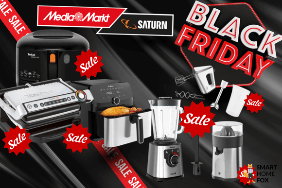 Verschiedene Küchen & Haushaltsprodukte wie Heißluftfritteusen, Optigrill Kontaktgrill, Standmixer, Handmixer und Zitruspresse sind mit Sale-Zeichen für ein Hammer-Angebot gekennzeichnet und am Black Friday im Sale bei MediaMarkt.