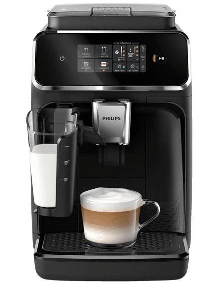 Der PHILIPS EP2331/10 Serie 2300 LatteGo 3 Kaffeespezialitäten Kaffeevollautomat in Klavierlack-Schwarz ist einzeln zu sehen.