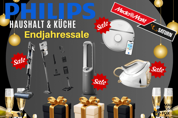 Mehrere Philips Geräte für Haus und Küche wie Heißluftfritteuse, Akkusaugwischer, Luftreiniger und Dampfbügelstation sind mit Rabatt-Zeichen bei MediaMarkt für ein herausragendes Mega-Angebot zum Ende des Jahres gekennzeichnet.