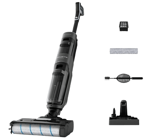 Der ROWENTA GZ5035 X-Clean 4 Hartbodenreiniger samt Zubehör ist zu sehen.
