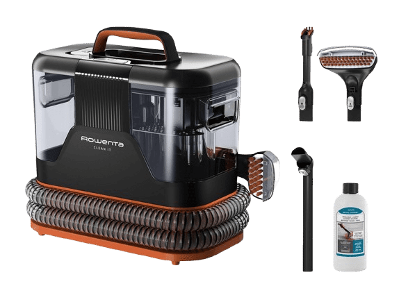 Der ROWENTA IN5011 Clean It Fleckenreiniger samt Zubehör ist zu sehen.