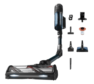 Der ROWENTA RH9AD1 X-Force Flex 13.60 Animal Aqua Aerospin Stielsauger, Akkubetrieb ist samt Zubehör zu sehen.