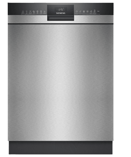 Die SIEMENS SN43ES04TE iQ300 Geschirrspüler (unterbaufähig, 598 mm breit, 44 dB (A), B) ist einzeln mit geschlossener Tür von vorne zu sehen.