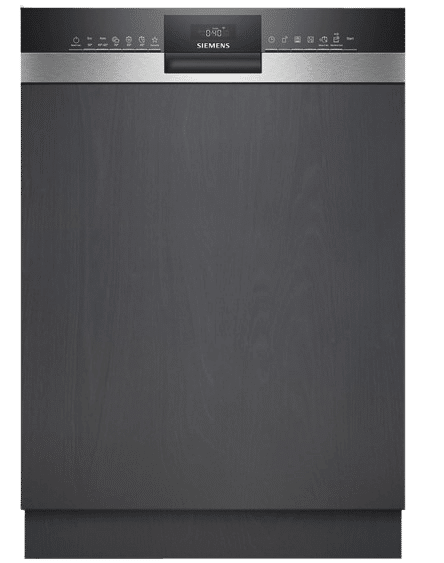 Die SIEMENS SN53ES04TE iQ300 Geschirrspüler (teilintegrierbar, 598 mm breit, 44 dB (A), B) ist in dunklem Grau von vorne zu sehen.