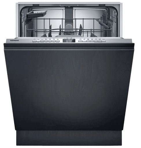 Die SIEMENS SN63EX04TE iQ300 Geschirrspüler (vollintegrierbar, 598 mm breit, 44 dB (A), B) ist mit offener Lade zu sehen.