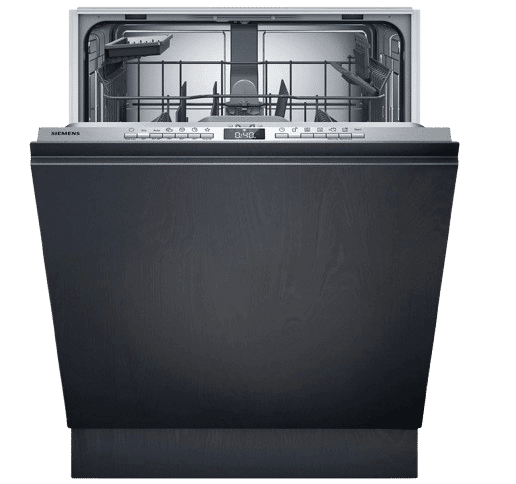 Die Siemens iQ300 SX63EX04TE Geschirrspülmaschine ist mit geöffneter Tür einzeln zu sehen.