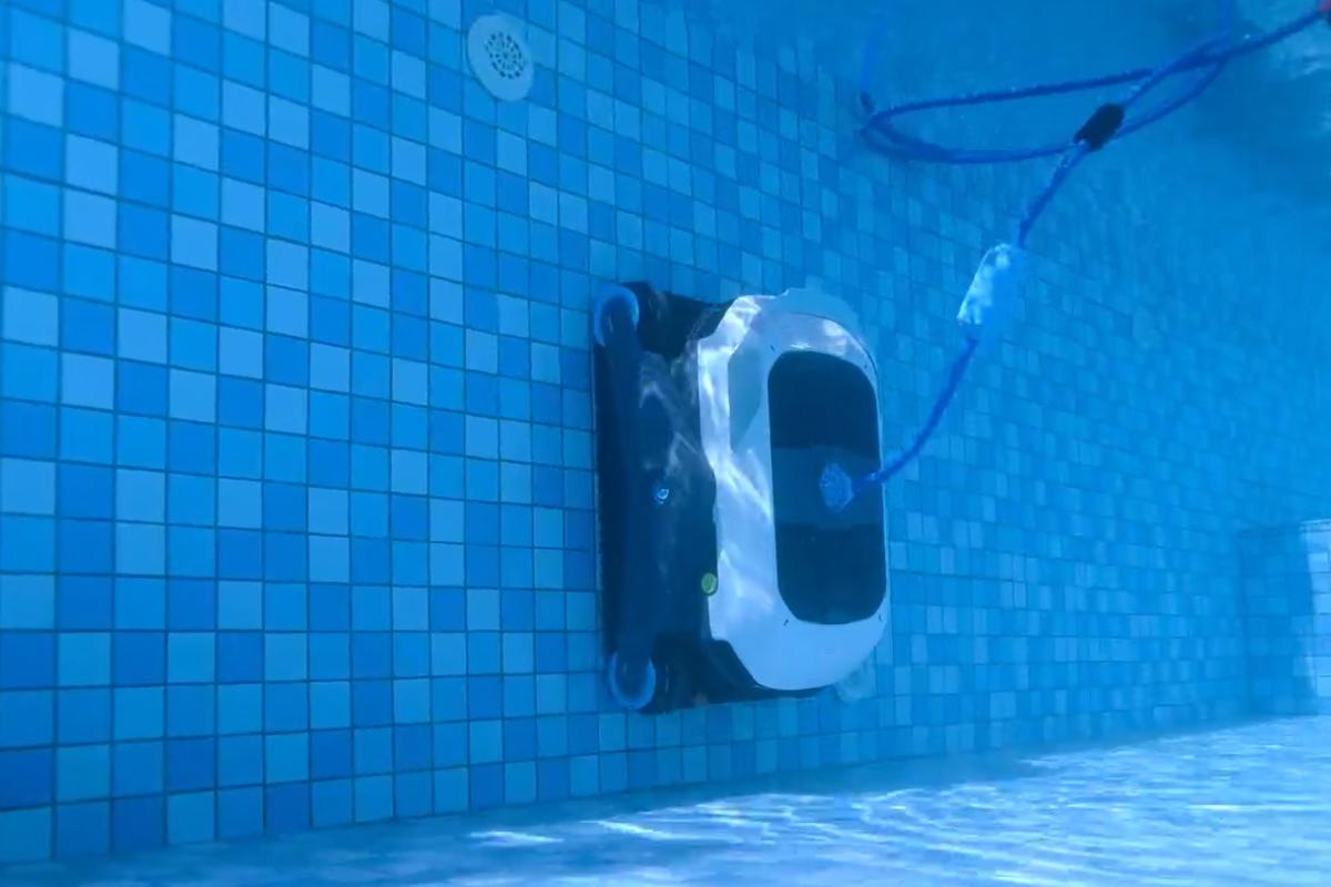 Der Degrii Zima Pro 2024 Poolroboter klettert an einer Poolwand und macht den Pool sauber.