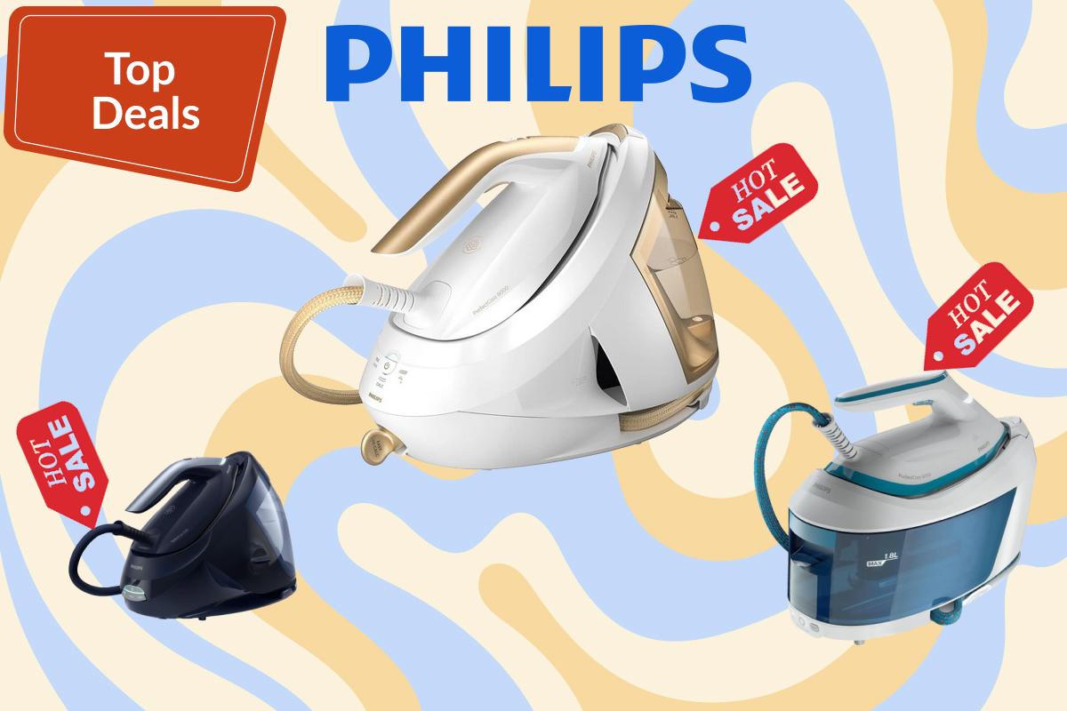 Drei verschiedene Philips Dampfbügeleise und Bügelstationen sind als Top Angebot und Hot Sale gekennzeichnet.