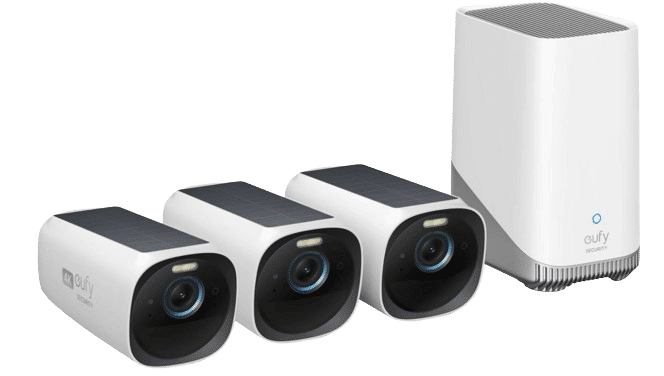 Die EufyCam 3 3er Pack und HomeBase 3 ist zu sehen.