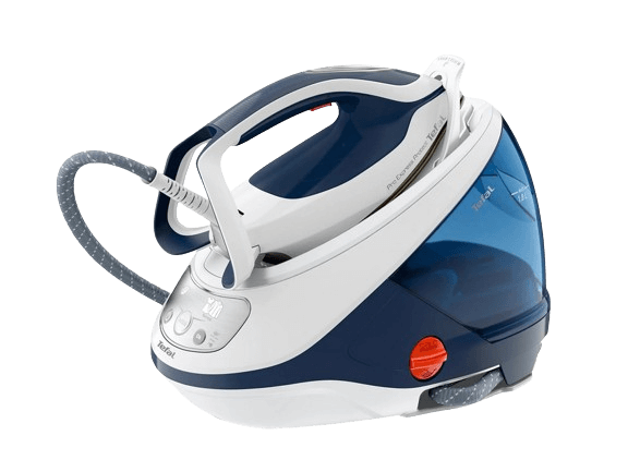 Die Tefal  GV9567E1Pro Express Ultimate Dampfbügelstation in weiß-blau mit Bügeleisen.