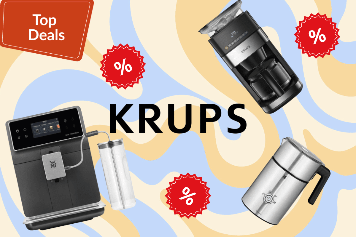 Verschiedene KRUPS und WMF Kaffeevollautomaten, Kaffeemaschinen und Milchaufschäumer sind stark reduziert im Angebot zu sehen.