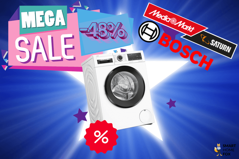 Bosch Waschmaschine WGG154A10 mit 48 % Rabatt bei Saturn, weißes Frontlader-Design ist mit % Zeichen und Mega Sae Aufschrift stark reduziert im Angebot bei MediaMarkt und Saturn.