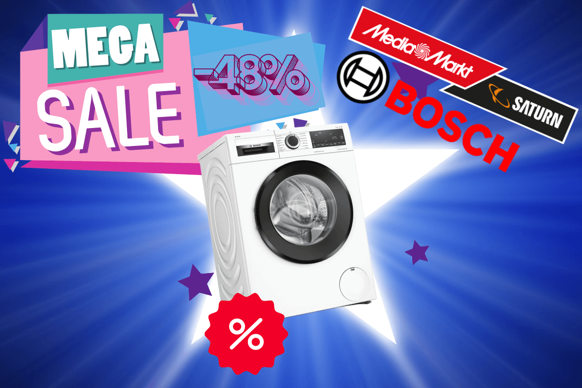 Bosch Waschmaschine WGG154A10 mit 48 % Rabatt bei Saturn, weißes Frontlader-Design ist mit % Zeichen und Mega Sae Aufschrift stark reduziert im Angebot bei MediaMarkt und Saturn.