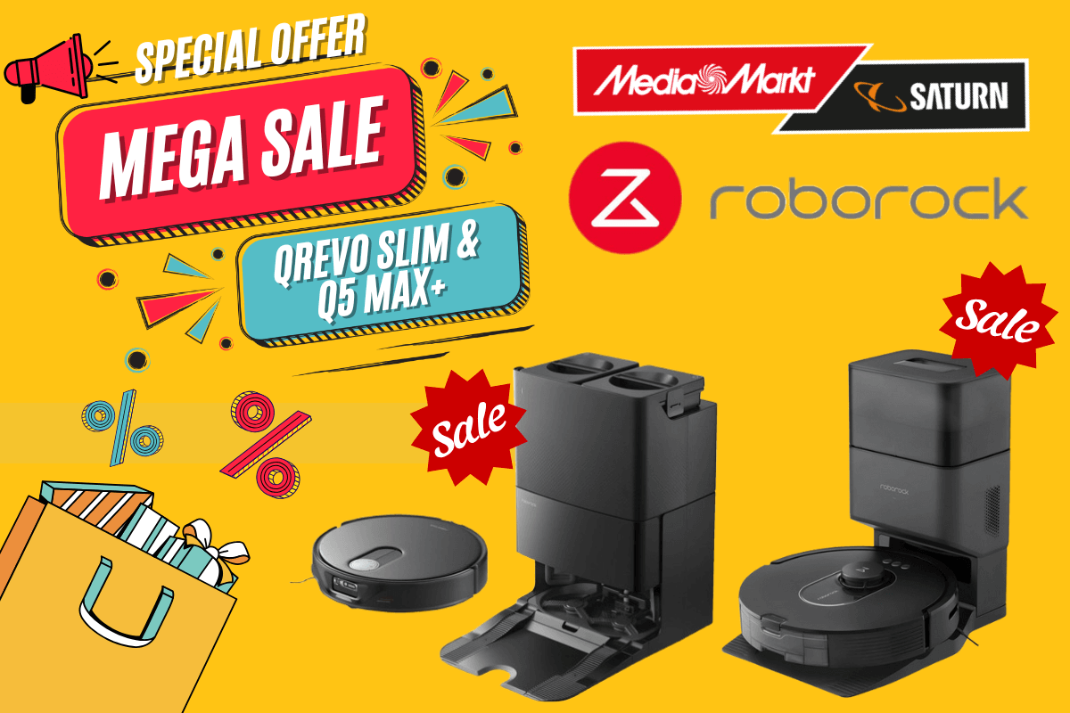 Roborock Qrevo Slim und Q5 Max+ mit deutlichen Rabattkennzeichnungen vor MediaMarkt-Hintergrund.