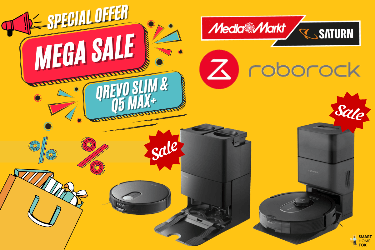 Roborock Qrevo Slim und Q5 Max+ mit deutlichen Rabattkennzeichnungen vor MediaMarkt-Hintergrund.