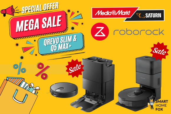 Roborock Qrevo Slim und Q5 Max+ mit deutlichen Rabattkennzeichnungen vor MediaMarkt-Hintergrund.