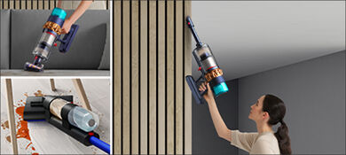 Verschiedene Dyson Akkustaubsauger sind als Frühjahrsputz Deals stark reduziert und werden nebeneinander für Hausarbeiten genutzt.