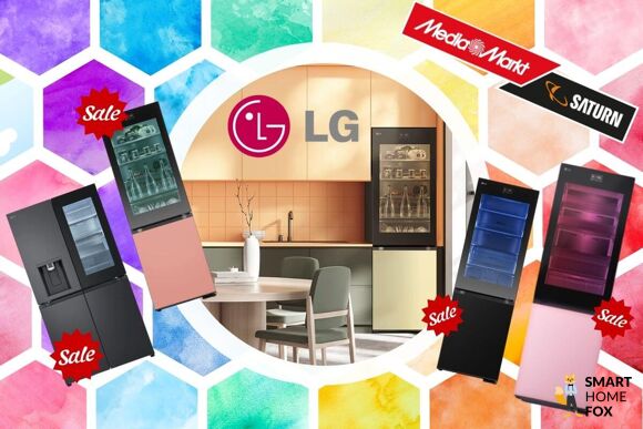 Verschiedene LG InstaView Kühlschränke sind im Farbenspektakel im Angebot präsentiert bei MediaMarkt mit Rabatt-Kennzeichnungen, sie sind farbenfroh und in allen möglichen Regenbogenfarben zu sehen.