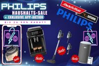 Verschiedene Philips Haushalts- und Küchengeräte mit Rabattkennzeichnungen auf einer MediaMarkt Aktionsseite.