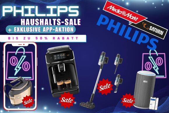 Verschiedene Philips Haushalts- und Küchengeräte mit Rabattkennzeichnungen auf einer MediaMarkt Aktionsseite, und in der MediaMarkt App sind die Geräte noch viel günstiger gekennzeichnet.