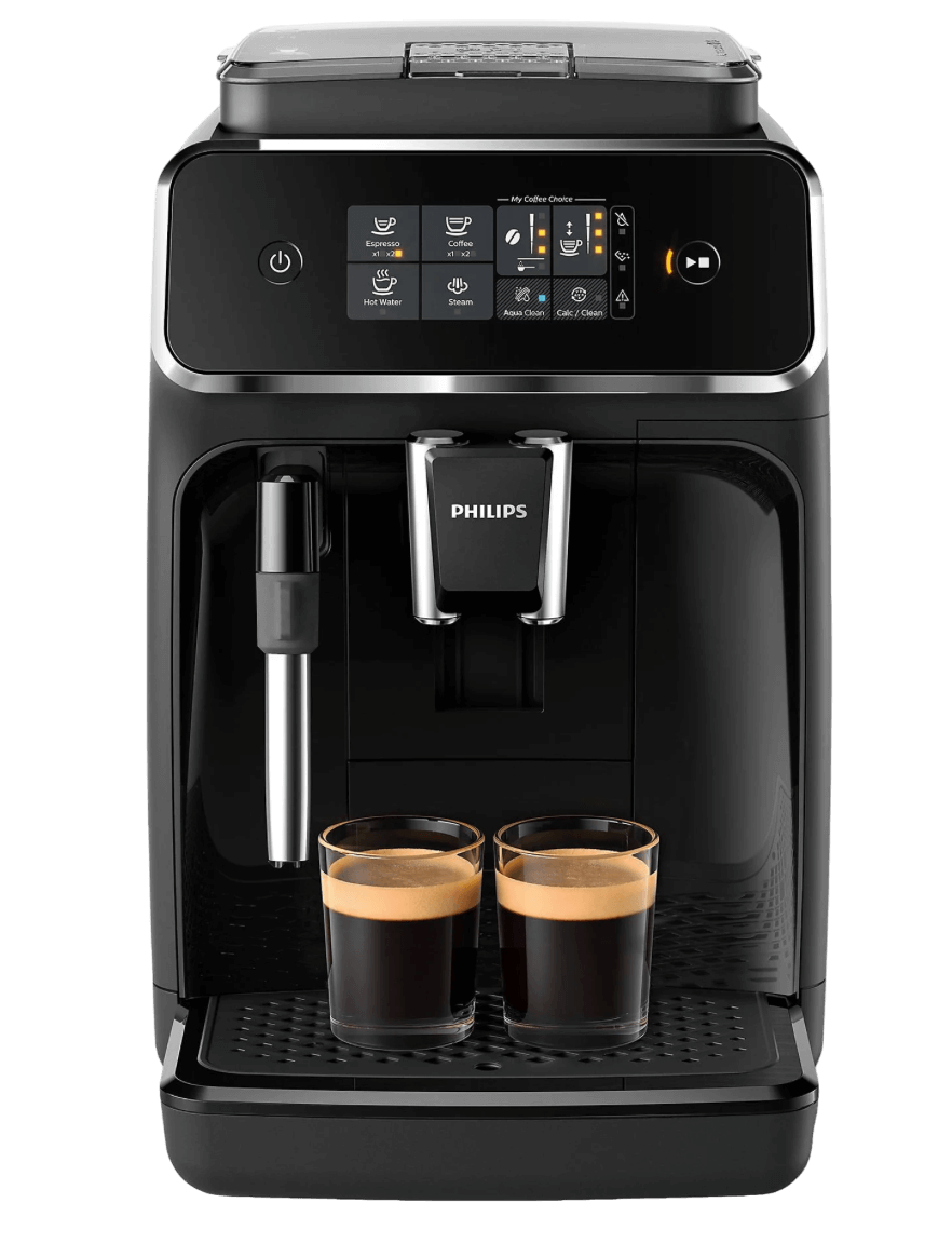 Der PHILIPS EP2225/10 Serie 2200 2 Kaffeespezialitäten Kaffeevollautomat Mattschwarz/Klavierlackschwarz ist einzeln zu sehen.