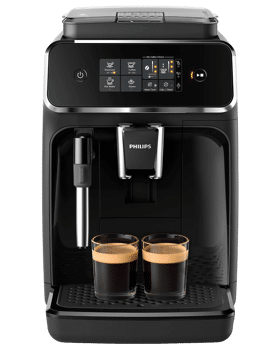 Der PHILIPS EP2225/10 Serie 2200 2 Kaffeespezialitäten Kaffeevollautomat Mattschwarz/Klavierlackschwarz ist einzeln zu sehen.