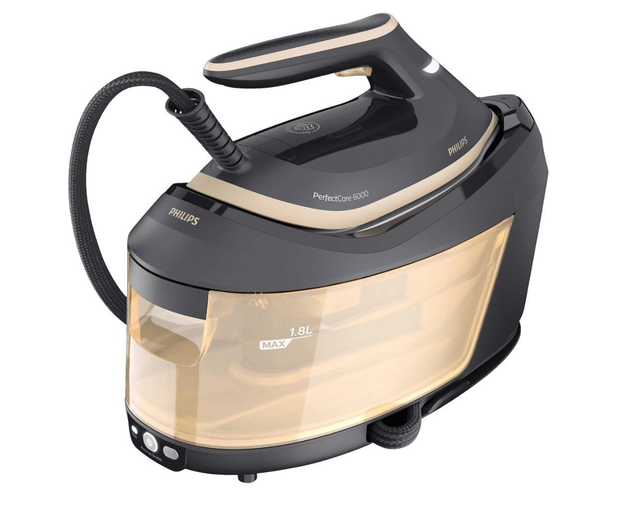 Die PHILIPS PSG6064/80 Serie PerfectCare 6000, OptimalTemp, 1.8L, Dampfbügelstation ist einzeln in der Nahaufnahme zu sehen.