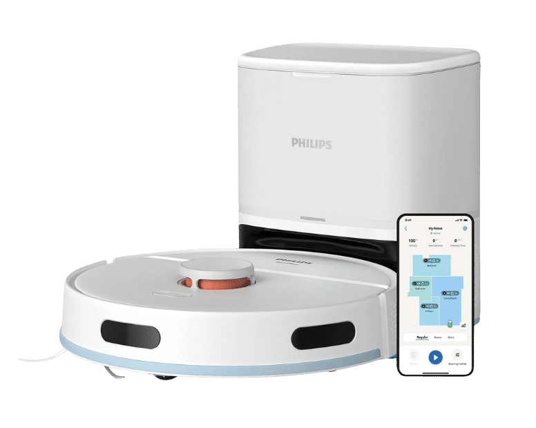 Der Philips Homerun Series 2000 Saugroboter samt Absaugstation ist in der Farbe Weiß einzeln zu sehen.