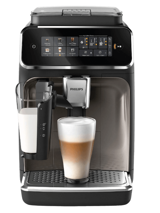 Der PHILIPS EP3347/90 Serie 3300 LatteGo 5 Kaffeespezialitäten Kaffeevollautomat in Klavierlack-Schwarz ist einzeln zu sehen.
