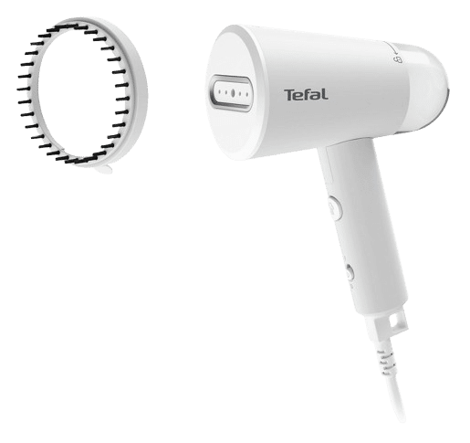 Die TEFAL DT1020 Origin Travel Dampfbürste ist in der Nahaufnahme in der Farbe Weiß zu sehen.