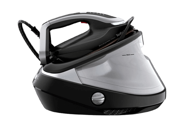 Die TEFAL GV9821 Pro Express Vision Dampfbügelstation (3000 Watt, 9 bar) vor einem weißen Hintergrund in der Nahaufnahme.
