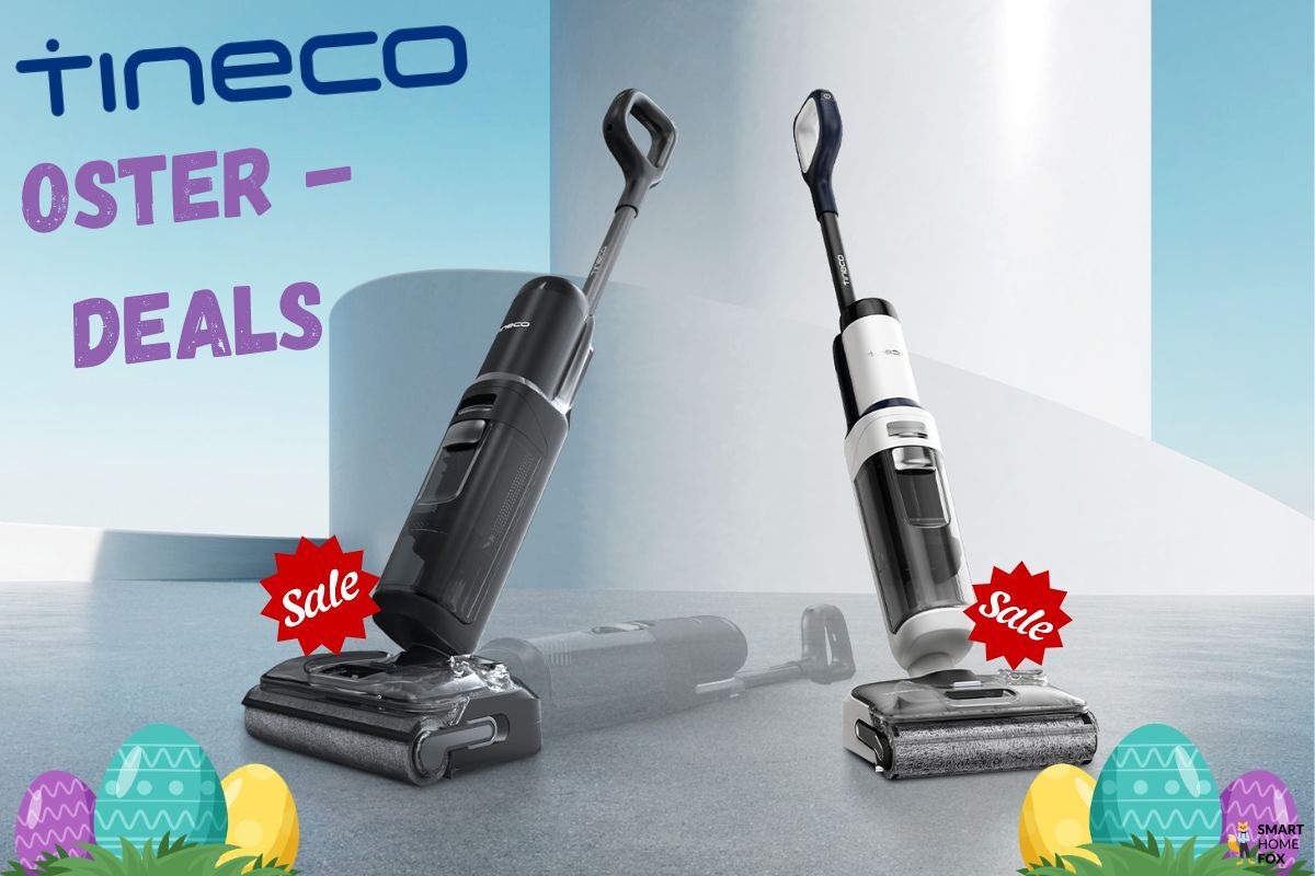 Der Tineco Floor One S7 Stretch und Tineco Floor One S5 Stretch Extreme sind auf einem Podest präsentiert und befinden sich im Oster-Deal Angebot und sind mit %-Zeichen für ein Hammer-Angebot gekennzeichnet.