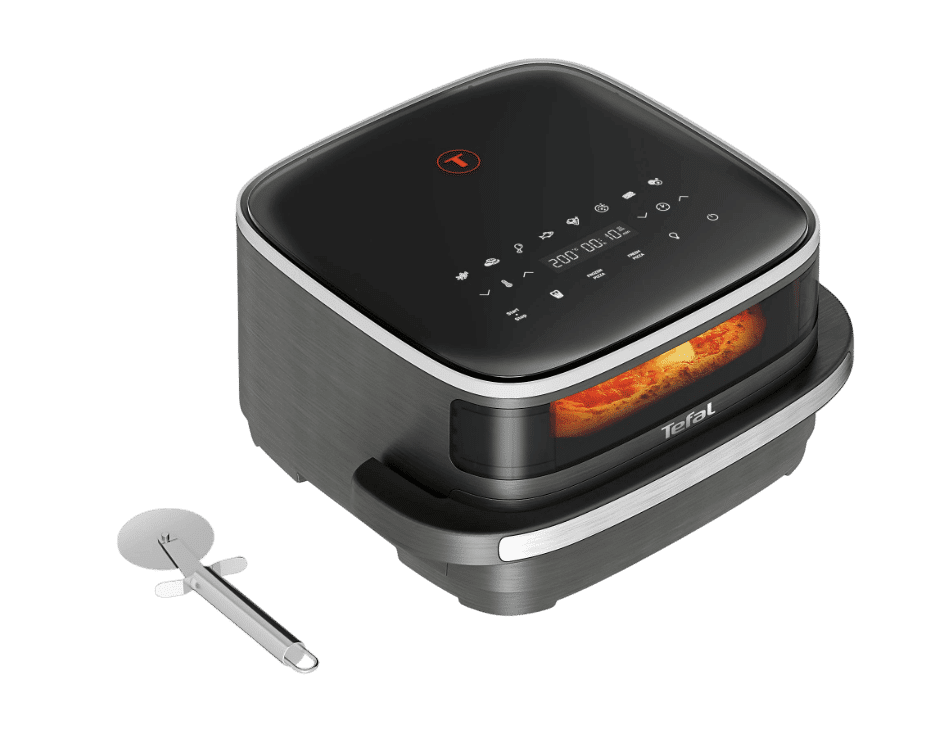 TEFAL FW402H Easy Fry XL Surface Heißluftfritteuse 2200 Watt Grau/Edelstahl-Elemente ist einzeln zu sehen und daneben liegt ein Pizzaschneider.