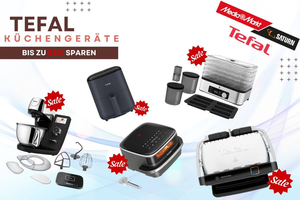 Verschiedene Tefal Küchengeräte im MediaMarkt-Angebot: Airfryer, OptiGrill, Küchenmaschine und Toaster mit Rabattkennzeichnungen.