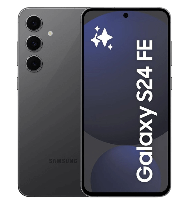 Das SAMSUNG Galaxy S24 FE 128 GB Graphite Dual SIM Smartphone ist einzeln zu sehen, beidseitig präsentiert.