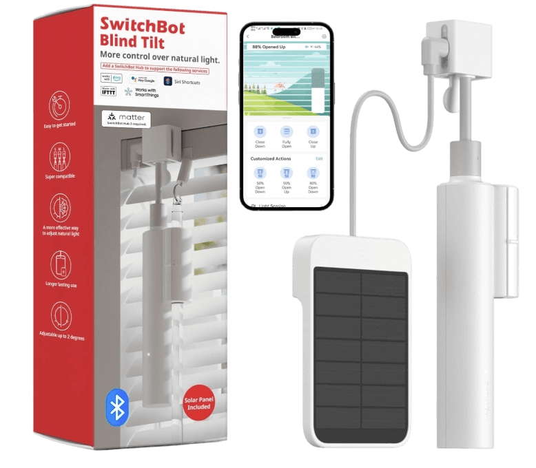 Der SwitchBot Blind Tilt Motorisierter Jalousie-Motor - Elektrischer Jalousie-Motor mit Bluetooth-Fernbedienung und App auf dem Smartphone ist zu sehen.